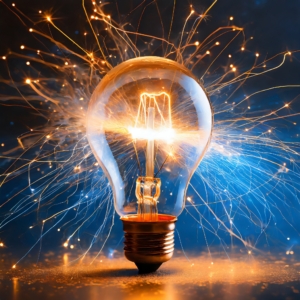 Firefly light bulb with big sparks and glow, blue and orange tones 74023