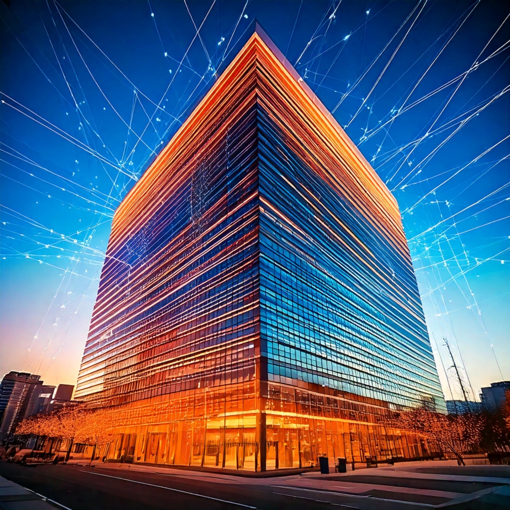 Firefly An image blending a financial institution’s modern building with digital grid lines or AI-re-3